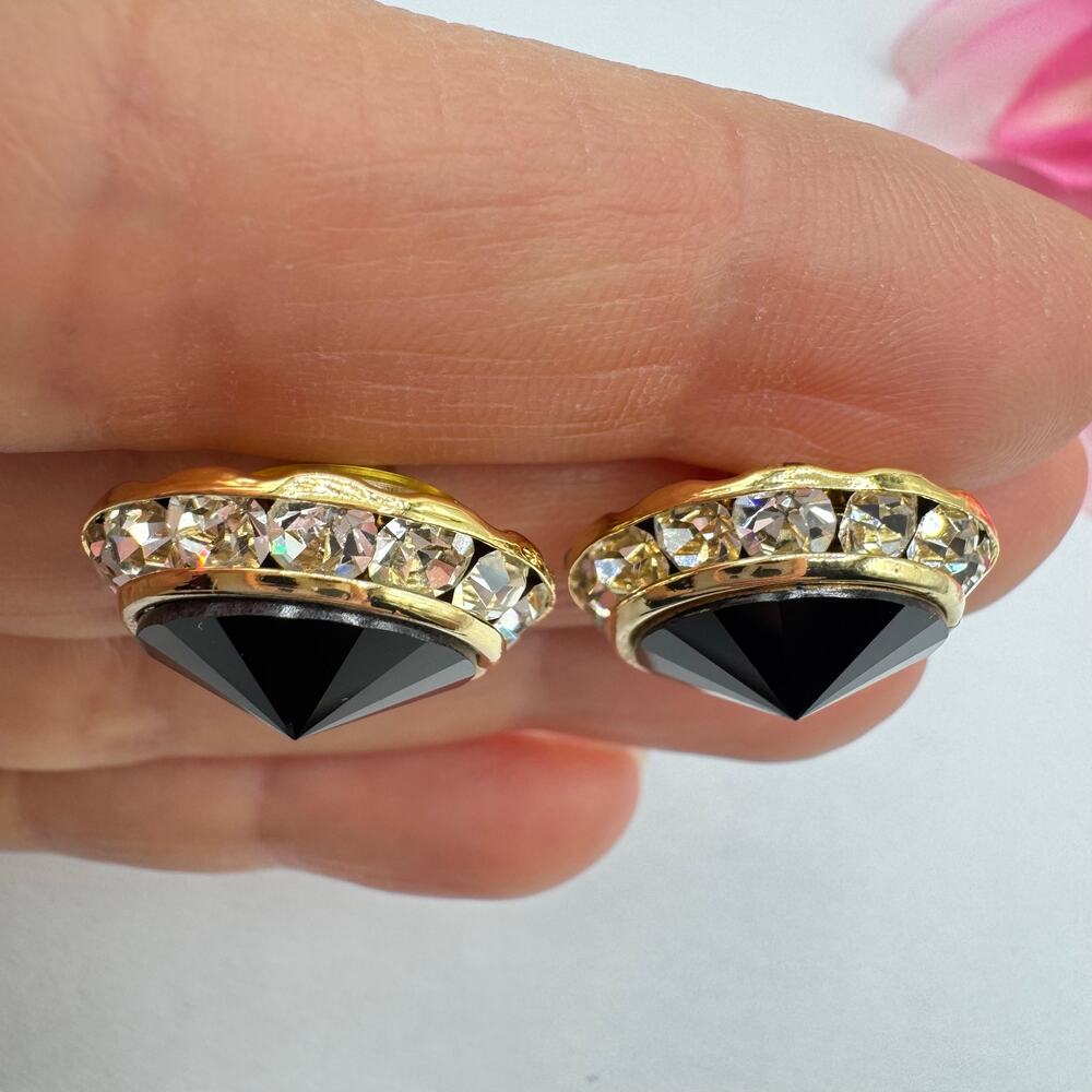 Vintage Black Rivoli Crystal Headlight Halo Stud Earrings Glam Goth Night Out - Picture 3 of 6